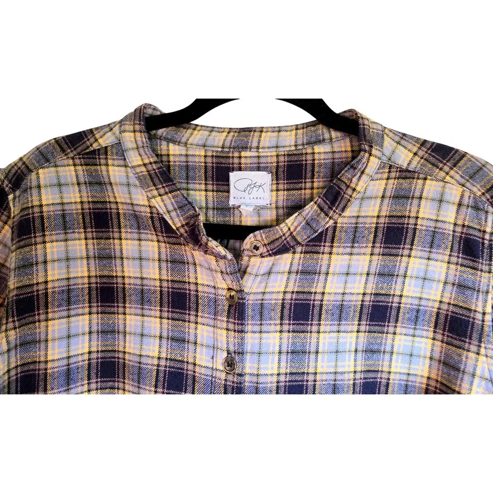 PJK Blue Label Womens L Cozy Plaid Flannel Henley Tunic Shirt Blue Yellow Ombre
